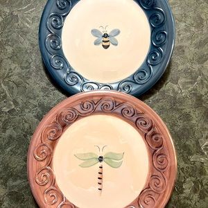 ATICO BEE & DRAGONFLY Iridescent Raised Swirled Edge Hand Painted Set 2 Plates